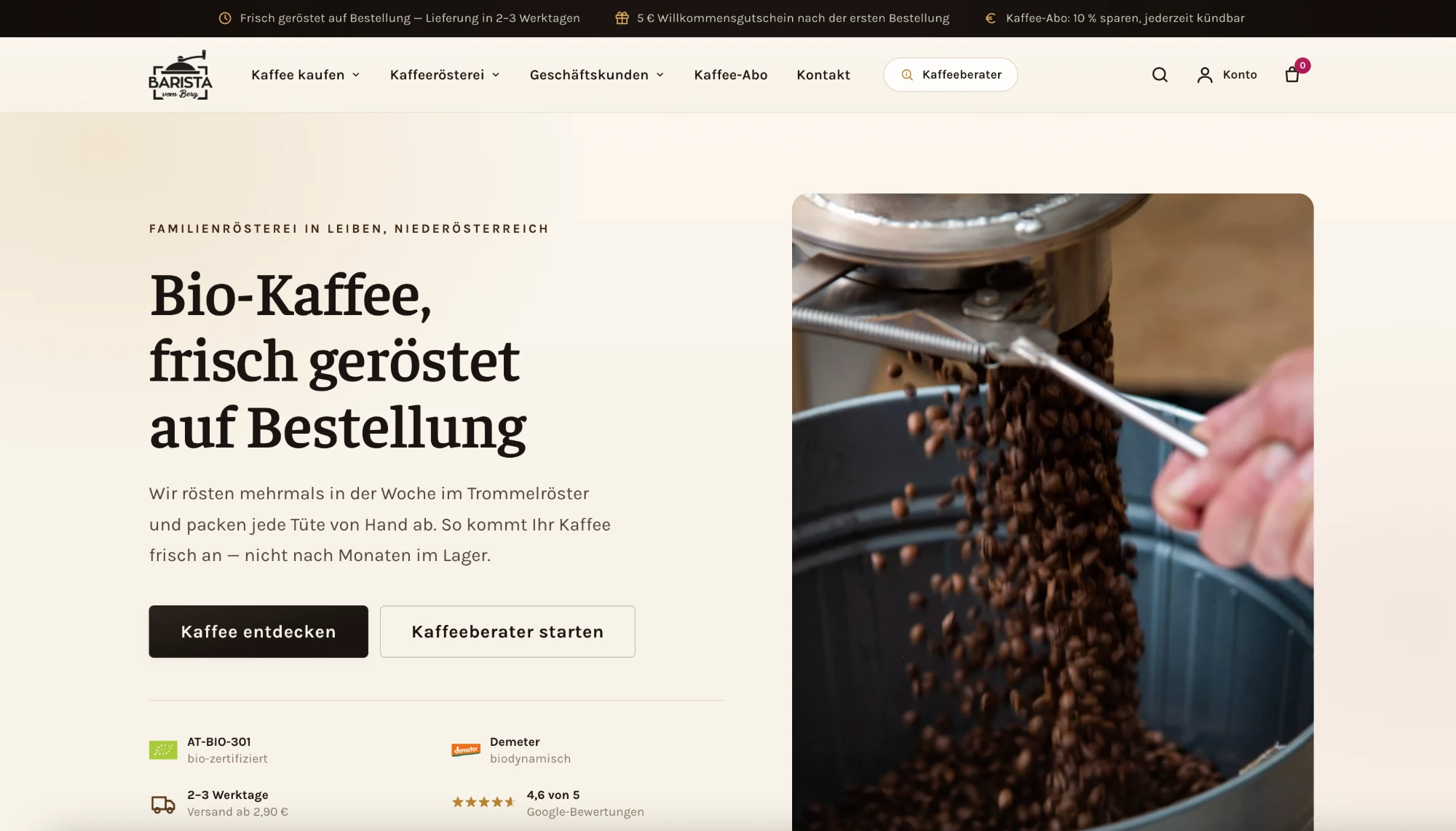 Onlineshop von Barista vom Berg, umgesetzt von maxonline